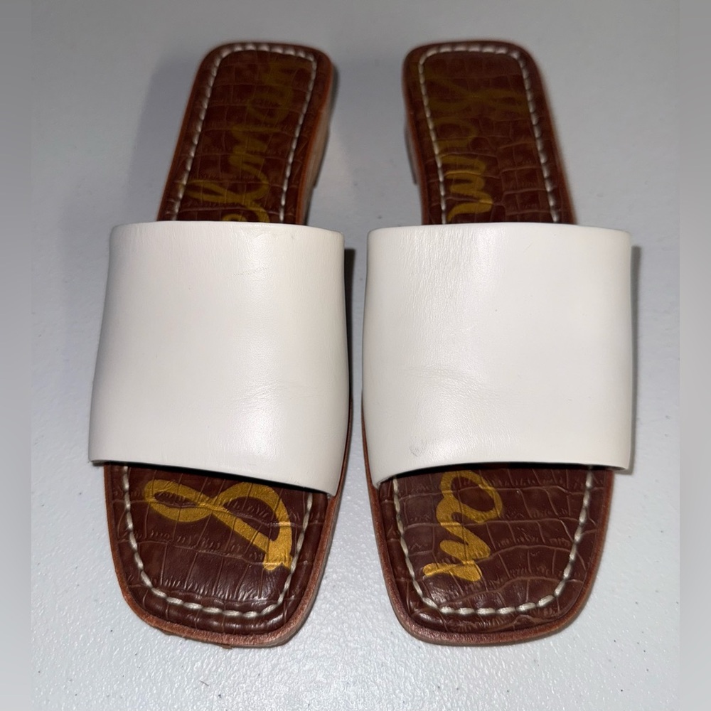 Sam Edelman Valery White Leather Cork Wedge Slide Sandals Square Toe Size 7 1/2
